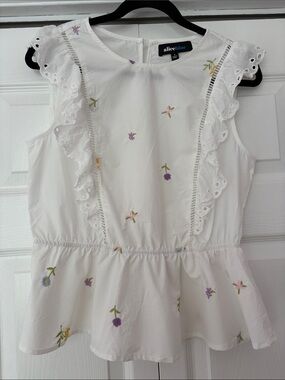 Alice Blue White Eyelet Ruffle Peplum Top with Pastel Floral Embroidery